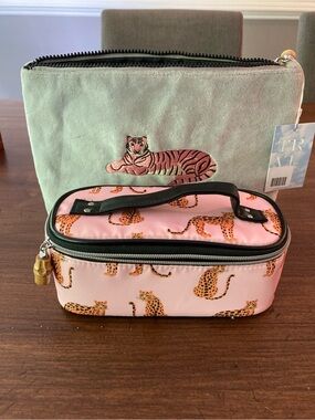 Travel Cosmetic Duo - Pink Leopard Print Case with Embroidered Tiger Pouch.
